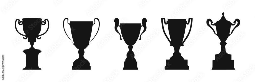 Winner cup vector icon set. Trophy goblet black silhouette icons. Winner cup vector icon set. Trophy goblet black silhouette icons.