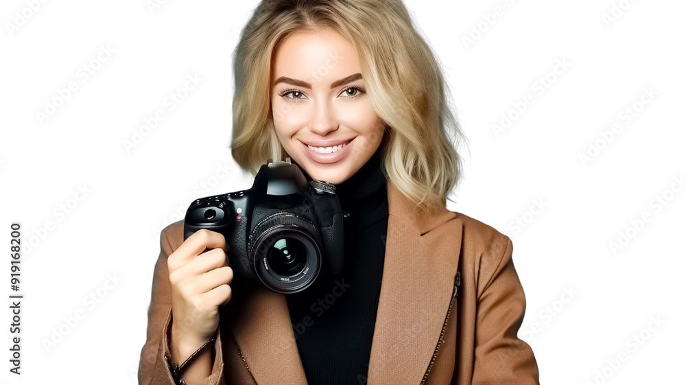 Young blonde photographer holding digital camera. on transparent background.
Young blonde photographer holding digital camera. on transparent background.