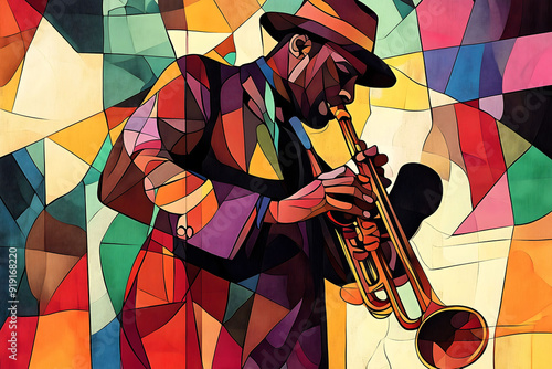 A vibrant and multicolored digital illustration of a jazz musician