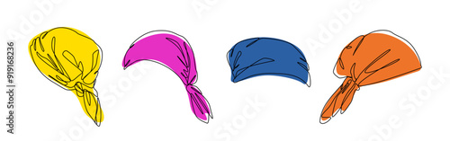Set collection of bandana, headscarf. Editable line and colored. Vector illustration.