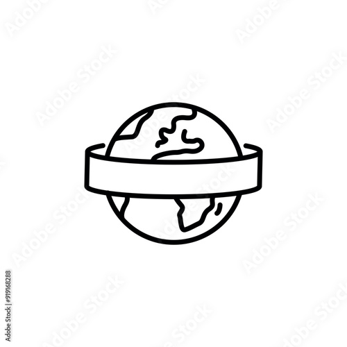 Global banner icon. A simple vector illustration of a globe with a blank ribbon banner wrapped around it. Perfect for use in marketing materials, branding, or educational content. Vector illustration.