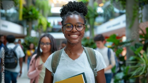 A joyful black African American female student stands in the middle of an open space at a university or school. University Life