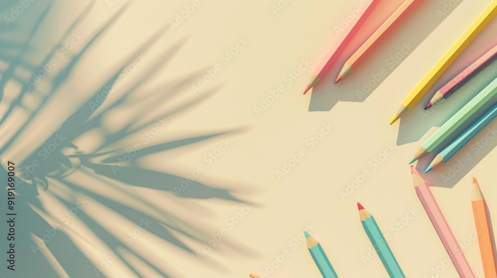 color pencils on white background with leave shadow on it color pencils on white background with leave shadow on it
