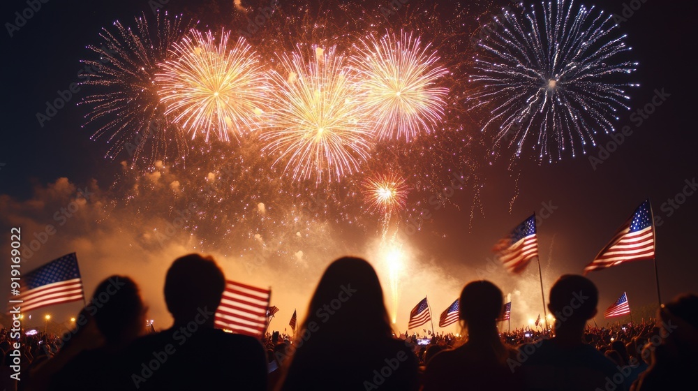 A spectacular 4th of July fireworks show lighting up the night sky, with American flags visible in the crowd below, creating a scene of patriotic celebration and joy A spectacular 4th of July fireworks show lighting up the night sky, with American flags visible in the crowd below, creating a scene of patriotic celebration and joy