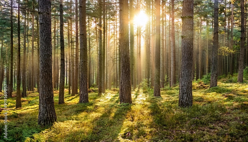 Sunlight streaming through a dense pine forest Sunlight streaming through a dense pine forest