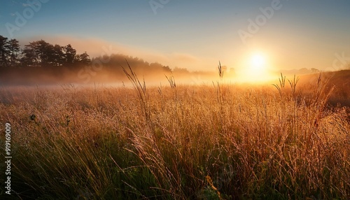 Sunrise over a foggy meadow-_A tranquil meadow with tall grass, softly lit by the rising sun photo