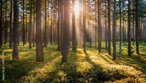 Sunlight streaming through a dense pine forest photo