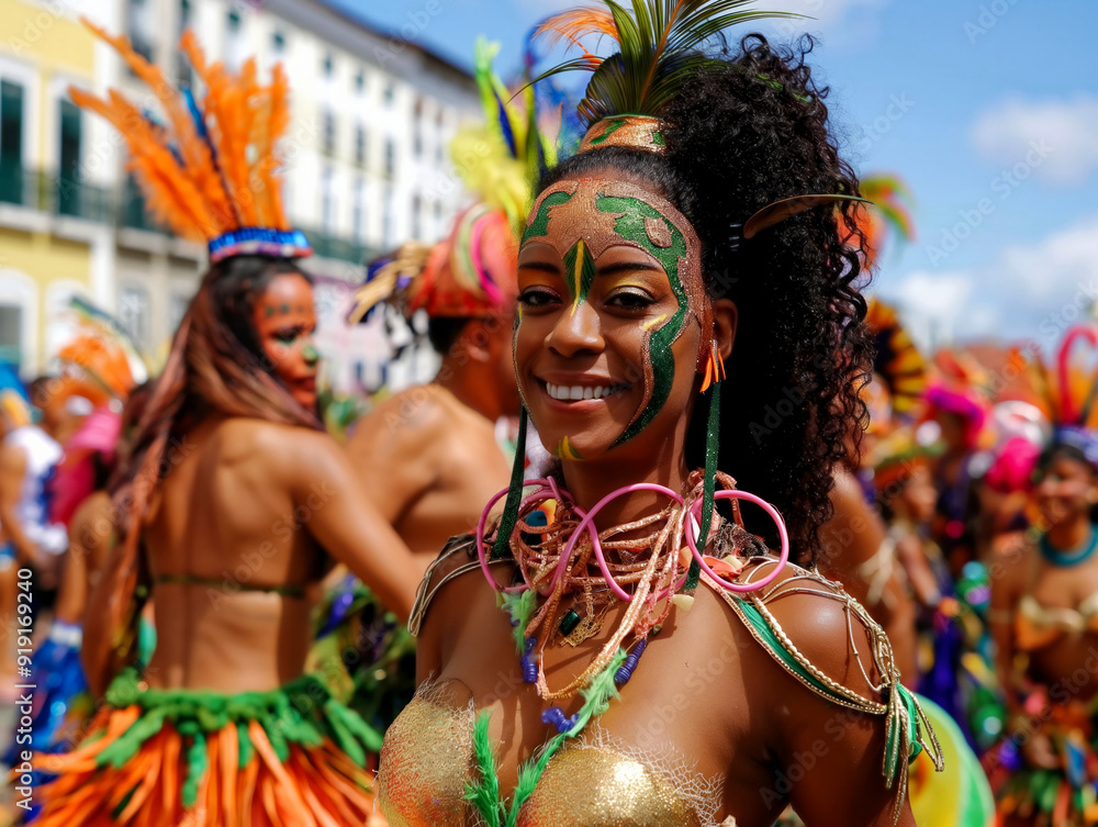 A woman in a gold outfit with green face paint and a green headdress is smiling. She is surrounded by other people in colorful outfits A woman in a gold outfit with green face paint and a green headdress is smiling. She is surrounded by other people in colorful outfits