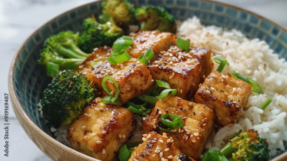 Bowl of Rice with Glazed Tofu, Broccoli, and Green Onions Bowl of Rice with Glazed Tofu, Broccoli, and Green Onions