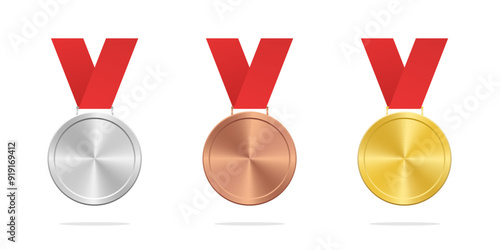 Medal realistic vector set. Golden, silver and bronse medals with ribbon.