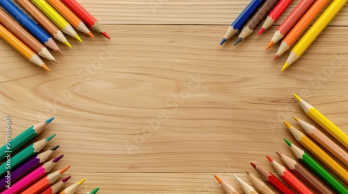 color pencils in four corner of lwooden table photo