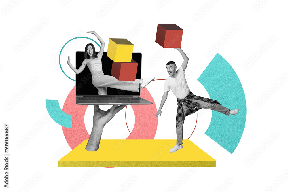 Photo collage artwork picture of funky couple playing game apple samsung modern device isolated graphical background Photo collage artwork picture of funky couple playing game apple samsung modern device isolated graphical background