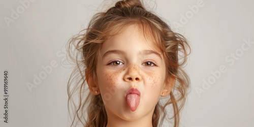 Playful little girl sticking out her tongue in a light-hearted moment, expressing innocence and joy against a plain background.