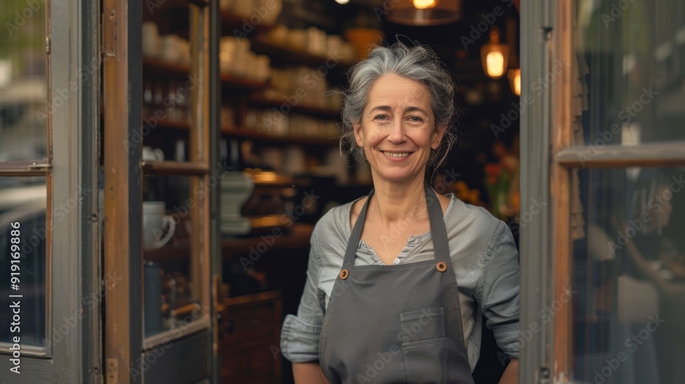 Fototapeta premium A woman wearing a grey apron stands in front of a store with a smile on her face