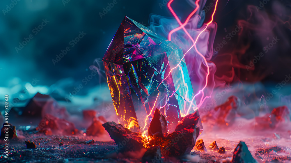 A colorful, glowing, and abstract image of three crystals surrounded by smoke and lightning bolts. A colorful, glowing, and abstract image of three crystals surrounded by smoke and lightning bolts.