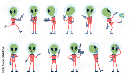 Flat aliens. Green skin creatures wear space suit. Cartoon alien sitting and thinking, using blaster running and play ball. Ufo recent vector character