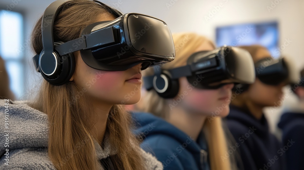 Students wearing VR headsets immerse themselves in a virtual learning environment exploring interactive simulations and educational games with a teacher guiding them through the experience this Students wearing VR headsets immerse themselves in a virtual learning environment exploring interactive simulations and educational games with a teacher guiding them through the experience this