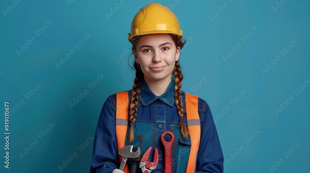 Woman in Construction Uniform Holding Tools Woman in Construction Uniform Holding Tools