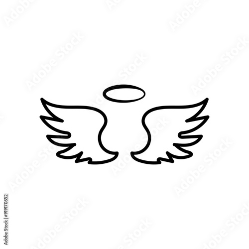 Angels wings with halo. Hand drawn vector feather angel. Handdrawn sketch feathers bird