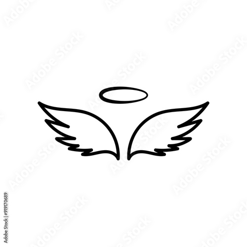 Angels wings with halo. Hand drawn vector feather angel. Handdrawn sketch feathers bird