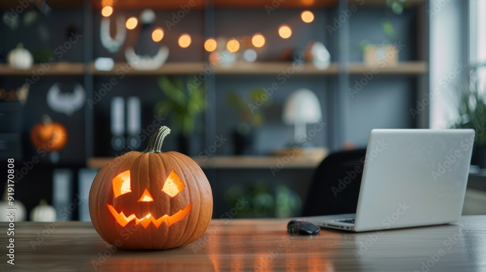 A professional office with a Halloween pumpkin carved with a spooky face, placed on a desk next to a laptop, with a backdrop of subtle Halloween decorations A professional office with a Halloween pumpkin carved with a spooky face, placed on a desk next to a laptop, with a backdrop of subtle Halloween decorations