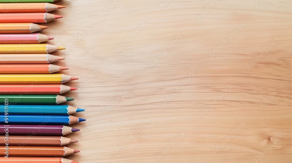 left side pencil border on light wooden background left side pencil border on light wooden background