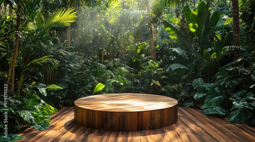 An elegant wooden podium in a lively tropical forest, surrounded by lush greenery, perfect for natural product unveilings. An elegant wooden podium in a lively tropical forest, surrounded by lush greenery, perfect for natural product unveilings.