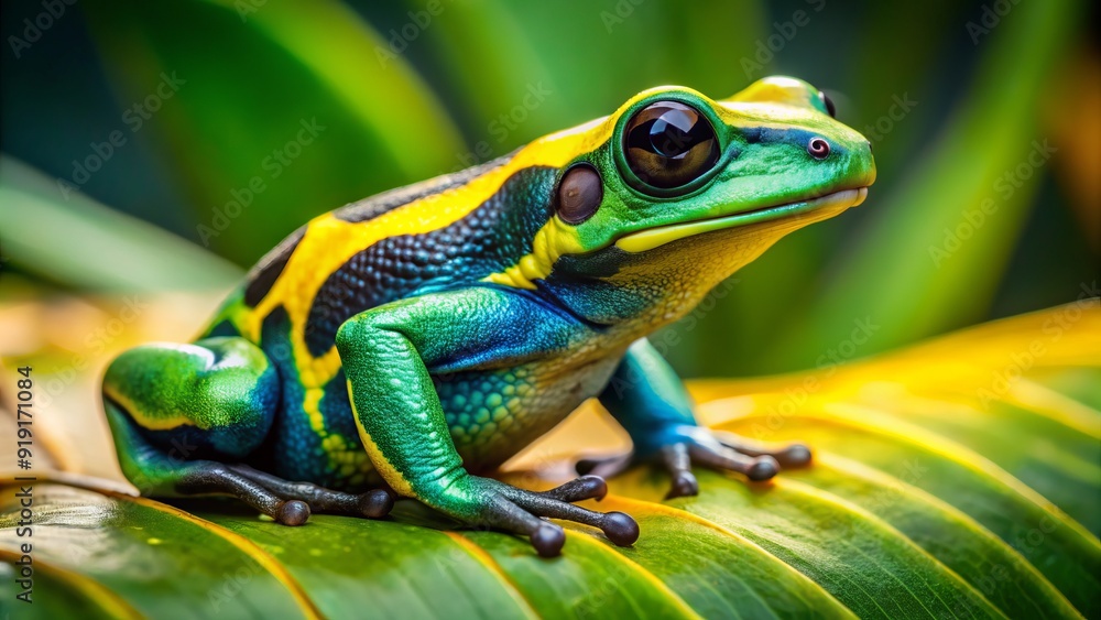 Obraz premium Vibrant green poison dart frog perches on a leaf, its bright yellow eyes shining brightly, showcasing its toxin-lined skin in a lush rainforest habitat.