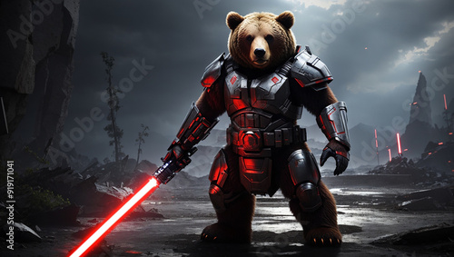 A bear wearing futuristic armor and wielding a glowing red lightsaber stands in a dark, destroyed landscape.

 photo