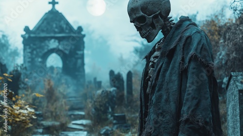 Eerie Skeleton in Tattered Robes Wandering Through a Foggy Cemetery Under the Moonlight, Creating a Haunting Halloween Atmosphere