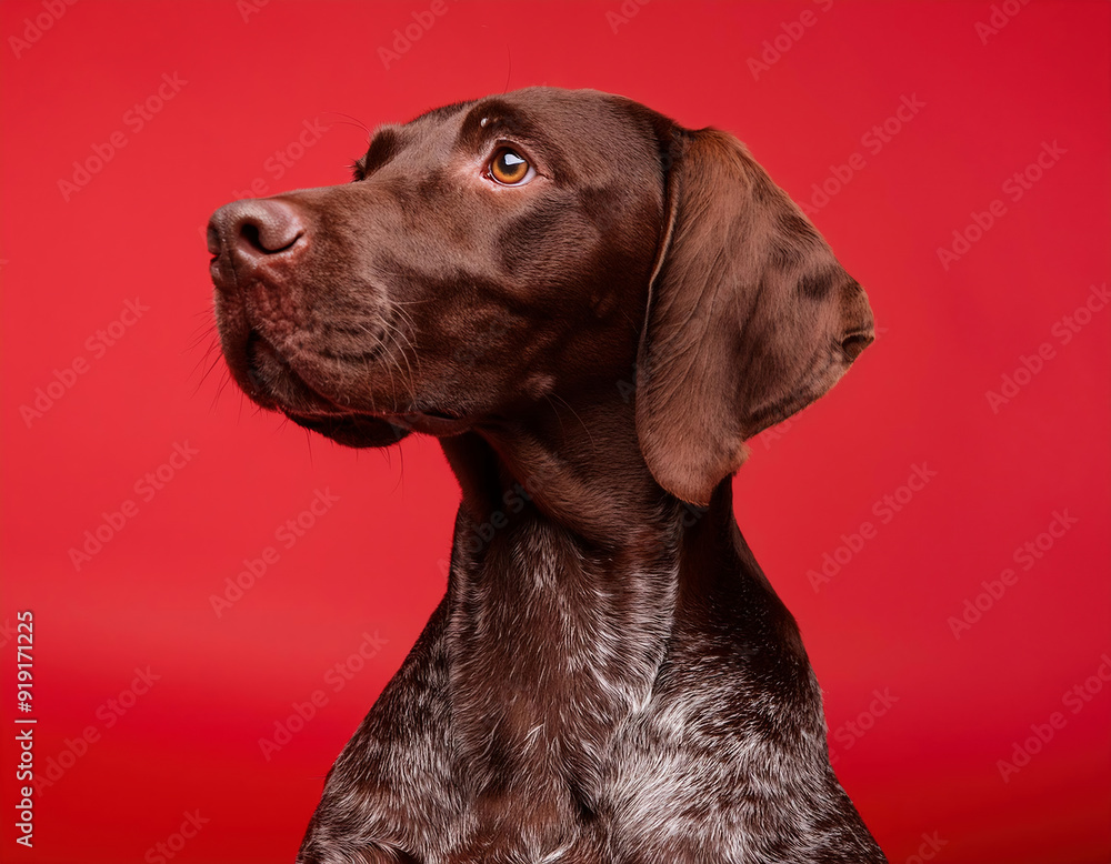 Playful german shorthaired pointer dog sitting in studio looking away against red background Playful german shorthaired pointer dog sitting in studio looking away against red background
