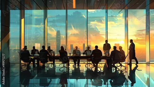 Silhouette of business people waiting at airport window during sunset photo