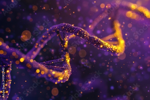 Abstract DNA structure with glowing effect on purple background, 3D digital art.