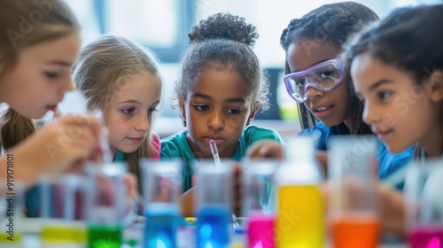 Elementary school students in a bright classroom focusing intently on a hands-on science experiment with a teacher guiding them the excitement and curiosity in their expressions reflect the joy of