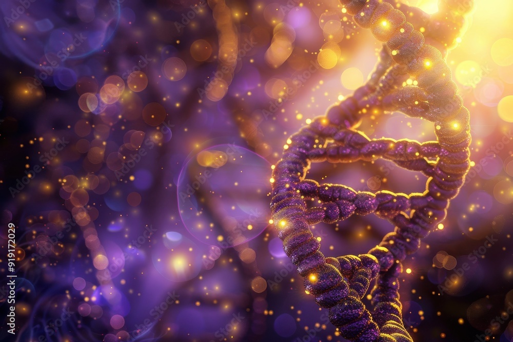 Abstract DNA structure with glowing effect on purple background, 3D digital art. Abstract DNA structure with glowing effect on purple background, 3D digital art.