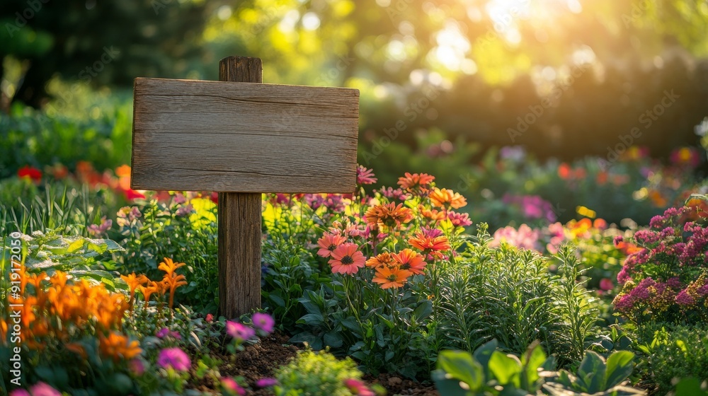 Fototapeta premium Wooden Signpost in a Garden with Colorful Flowers and Sunlight