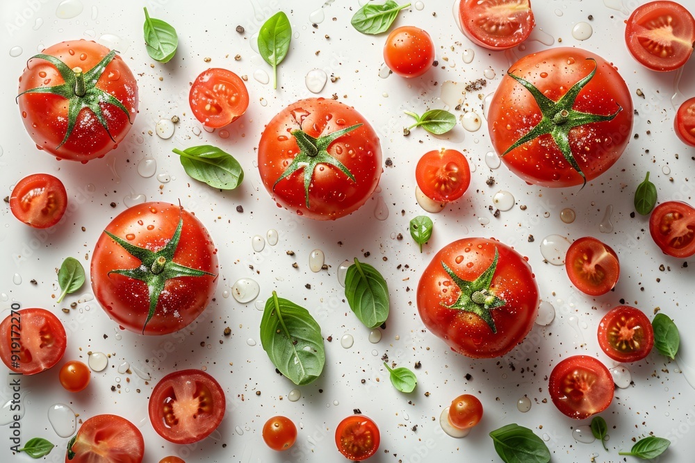 Tomato and half slices suspended in the air with green leaves with water. Generative AI Tomato and half slices suspended in the air with green leaves with water. Generative AI