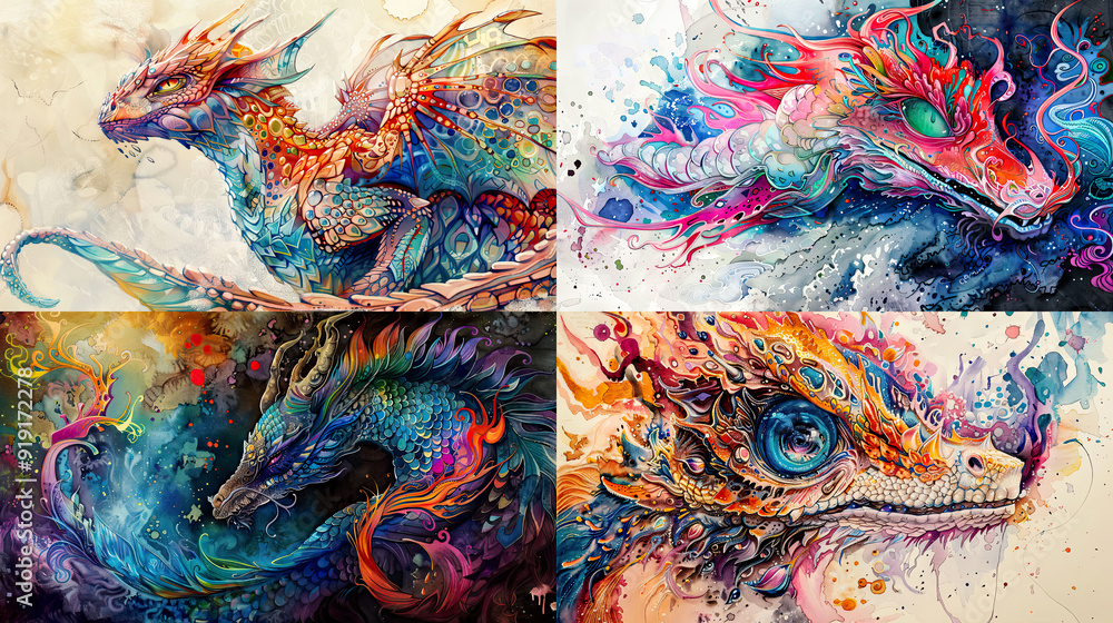 Watercolor on textured paper of fantasy creature, intricate details, and vibrant colors Watercolor on textured paper of fantasy creature, intricate details, and vibrant colors