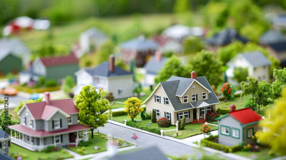 A model of a neighborhood with houses and trees A model of a neighborhood with houses and trees