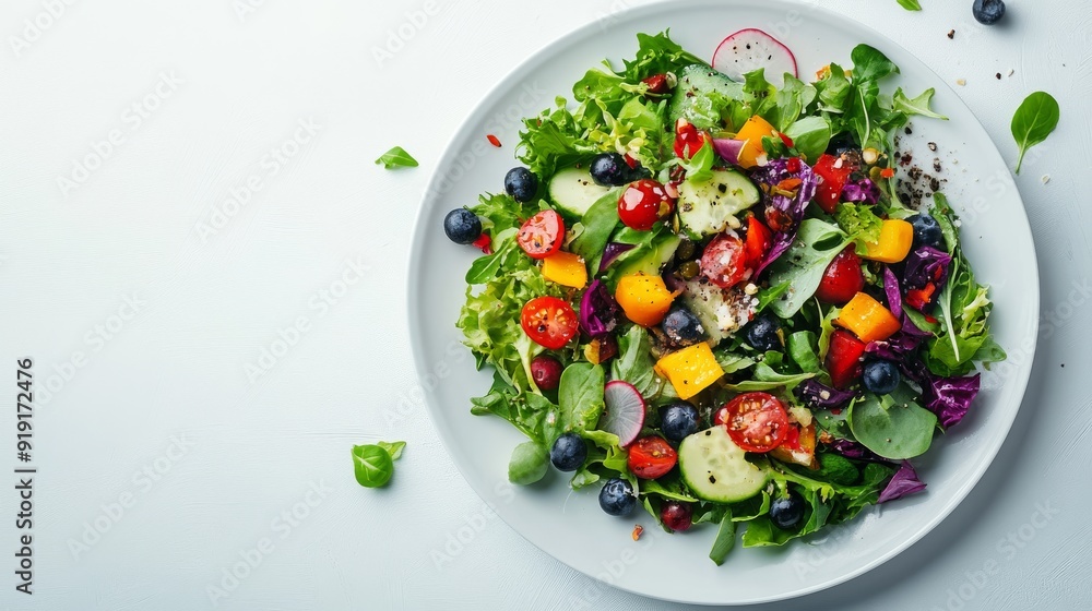 Fresh Salad with Mixed Greens, Bell Peppers, Cucumber, Tomatoes, Blueberries, and Radish Fresh Salad with Mixed Greens, Bell Peppers, Cucumber, Tomatoes, Blueberries, and Radish