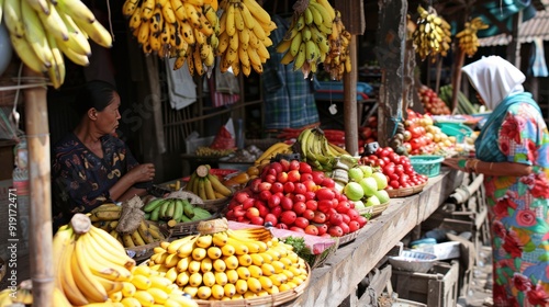 A Busy Fruit Stall in a Southeast Asian Market