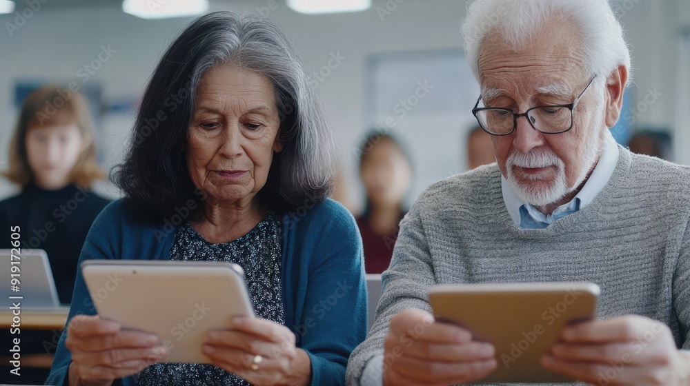 An elderly couple attending a technology class, learning how to use smartphones and tablets, with the instructor patiently explaining, showcasing the importance of digital literacy for all ages, the An elderly couple attending a technology class, learning how to use smartphones and tablets, with the instructor patiently explaining, showcasing the importance of digital literacy for all ages, the