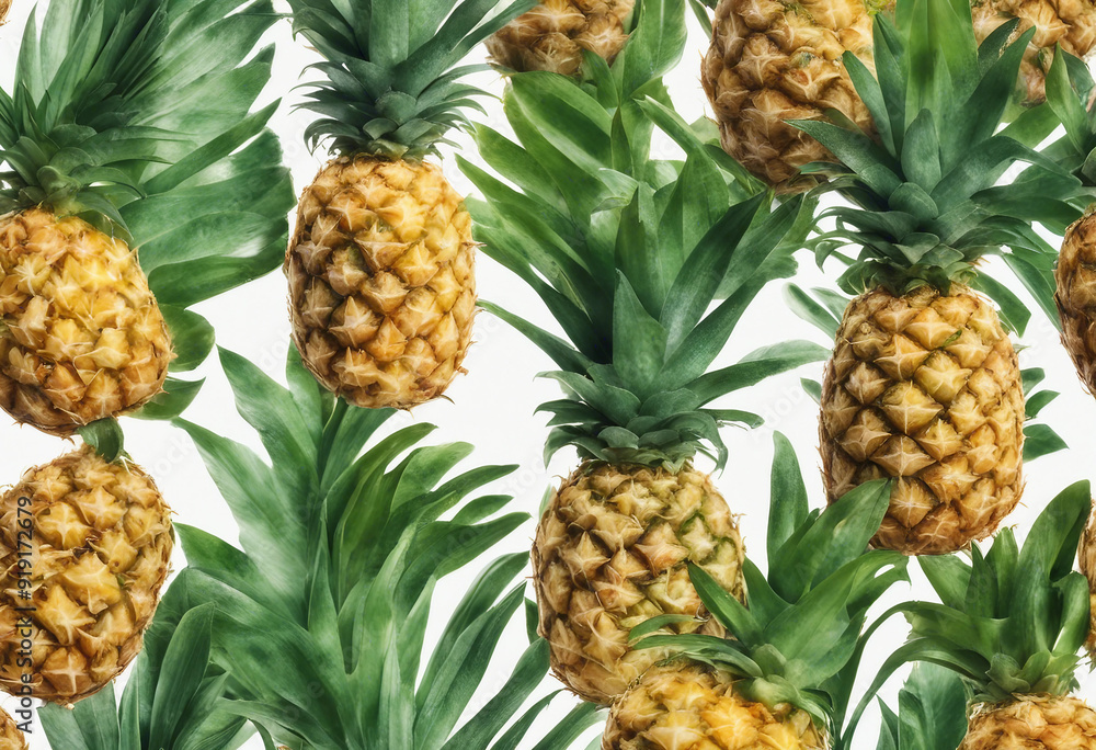 Ananas ripe with tropical leaves flatlay isolated on white background Ananas ripe with tropical leaves flatlay isolated on white background