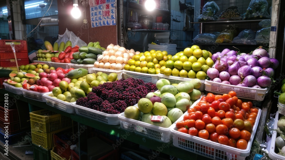 A Colorful Display of Fresh Produce in a Market Stall A Colorful Display of Fresh Produce in a Market Stall