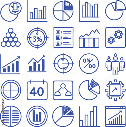 a set of business icons, including graphs, charts, and graphs