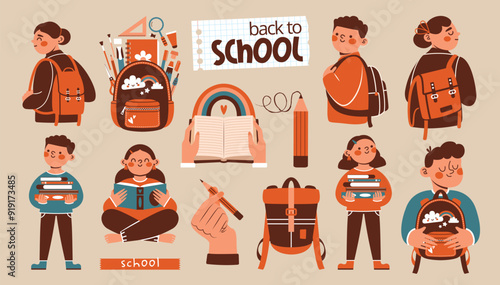 Back to school. Collection cliparts with portraits of school boys and school girls. Big set of vector illustrations of kids with backpack, books, notepad, school bag, accessories. Flat design.