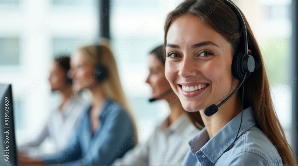 A smiling customer service representative with a headset, ready to assist, against the backdrop of a modern call center. A smiling customer service representative with a headset, ready to assist, against the backdrop of a modern call center.