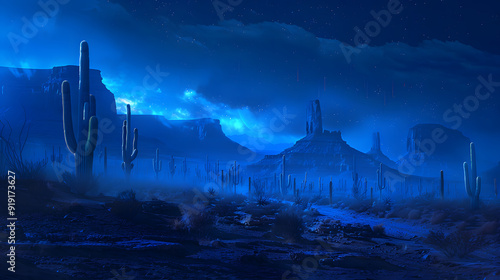 A field of blue cacti with a purple sky in the background. 