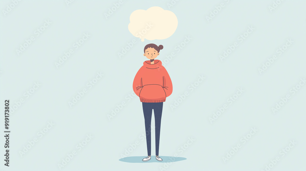 cartoonish person standing with an empty thinking bubble above their head, use happy colors. cartoonish person standing with an empty thinking bubble above their head, use happy colors.