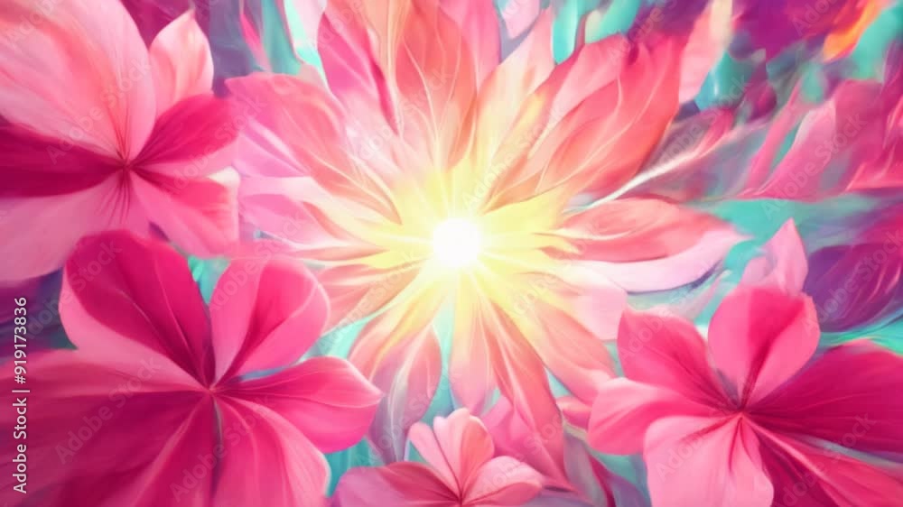 The image features an explosion of light at its core, framed by bright pink flowers, blending into a stunning display of energy and natural beauty The image features an explosion of light at its core, framed by bright pink flowers, blending into a stunning display of energy and natural beauty